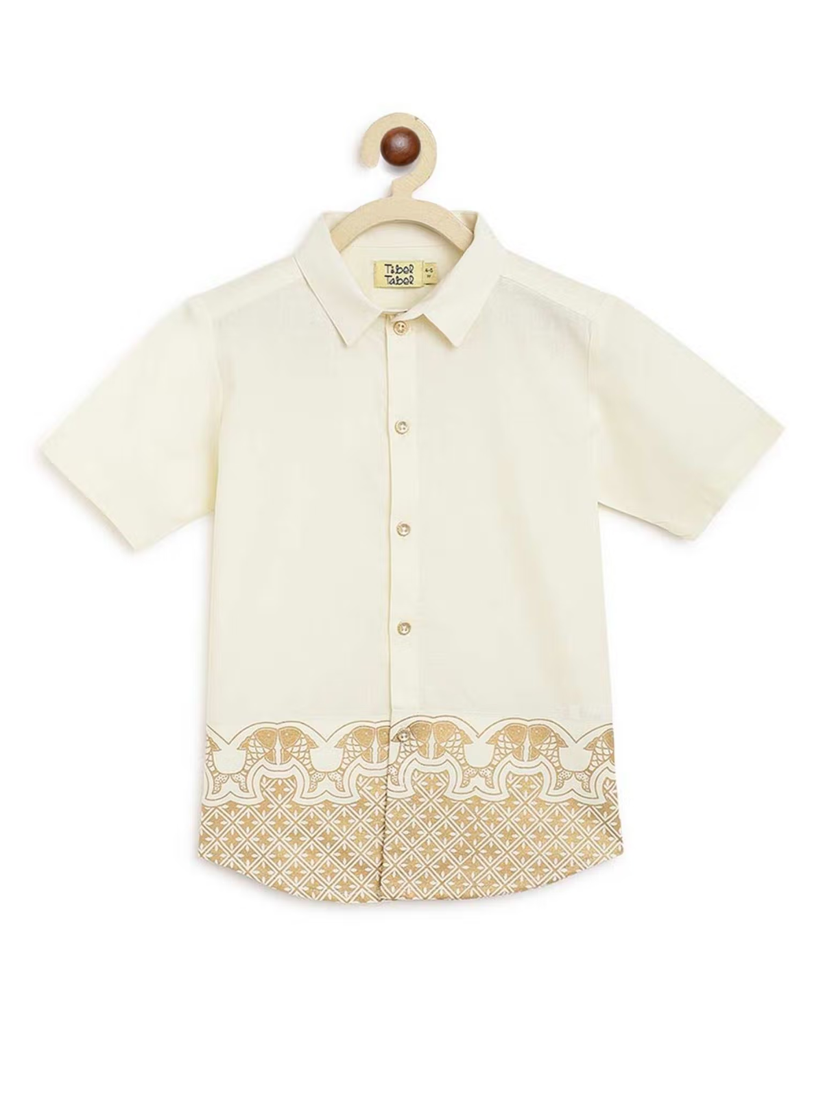 Cream collared button front boys kurta with gold patterned hem on hanger boys mundu dhoti set Canada