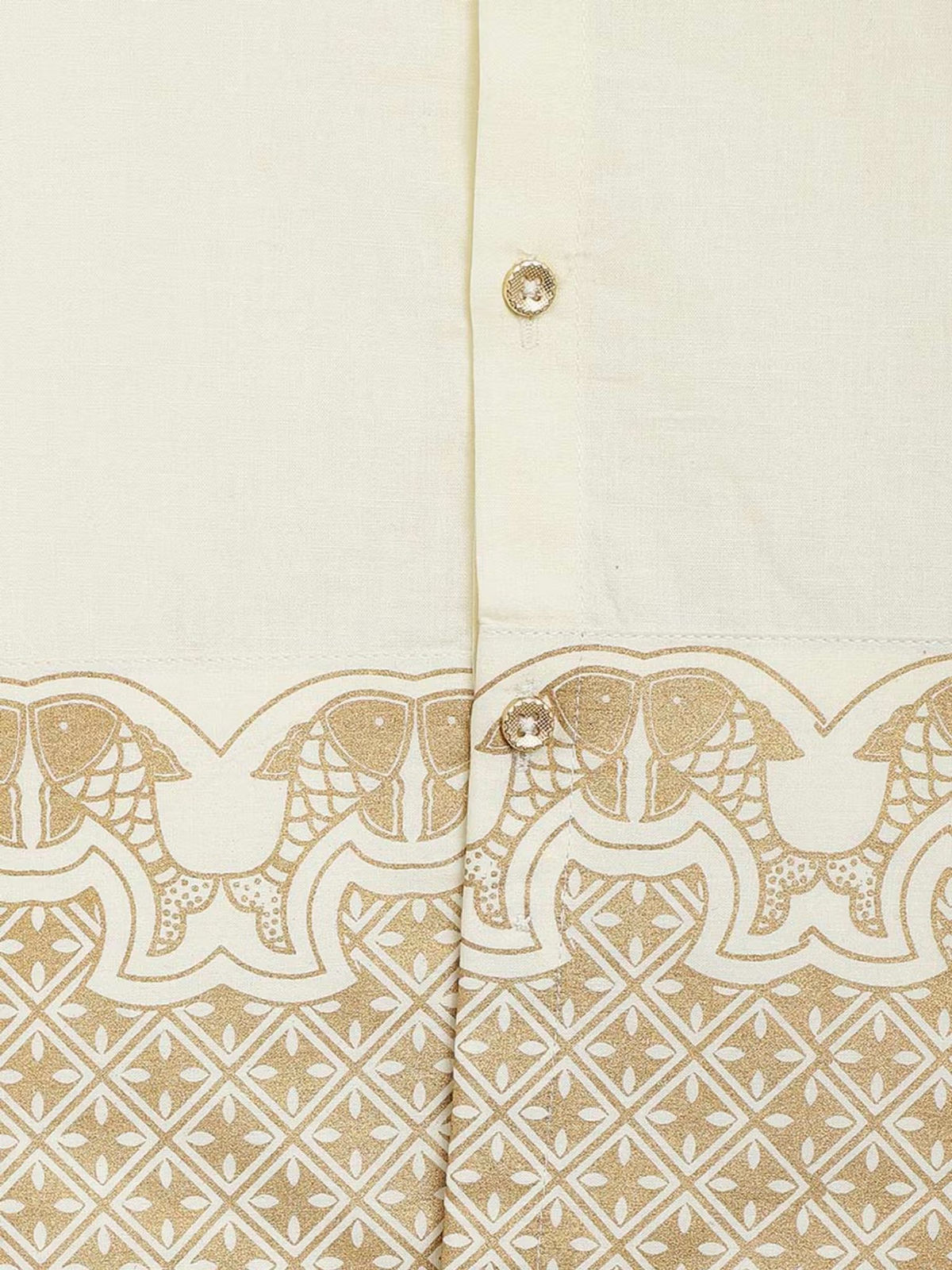 Cream boys kurta close up with gold geometric and elephant border print and front buttons for boys mundu dhoti set Canada