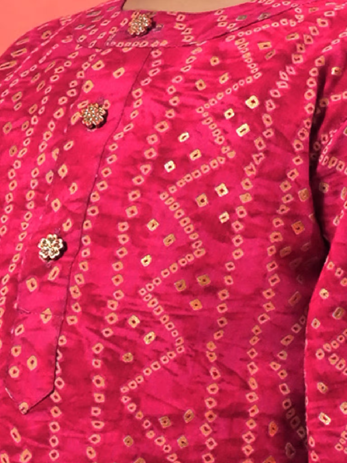 infant boys pink kurta patiala set with bright bandhani style fabric gold motifs and floral buttons for festive occasions