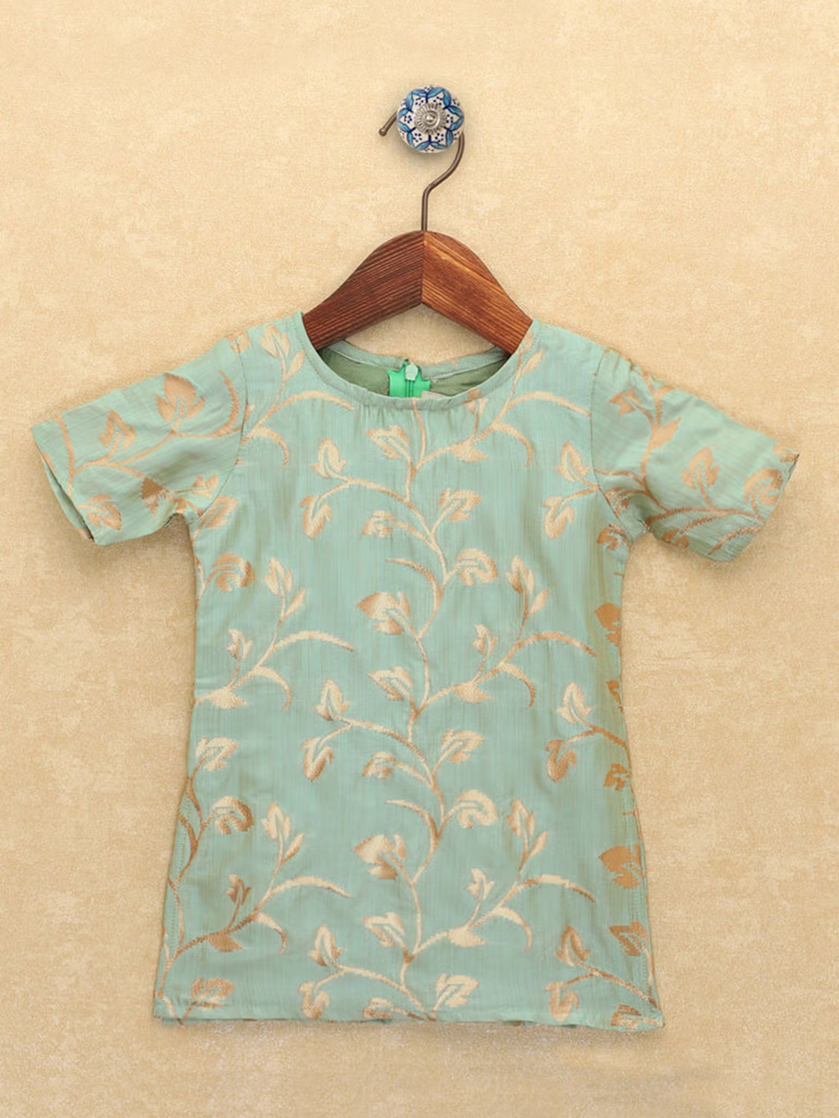 AROMIE green leaf printed kurta palazzo dupatta set mint green short sleeve kurta with gold leaf vine print on hanger