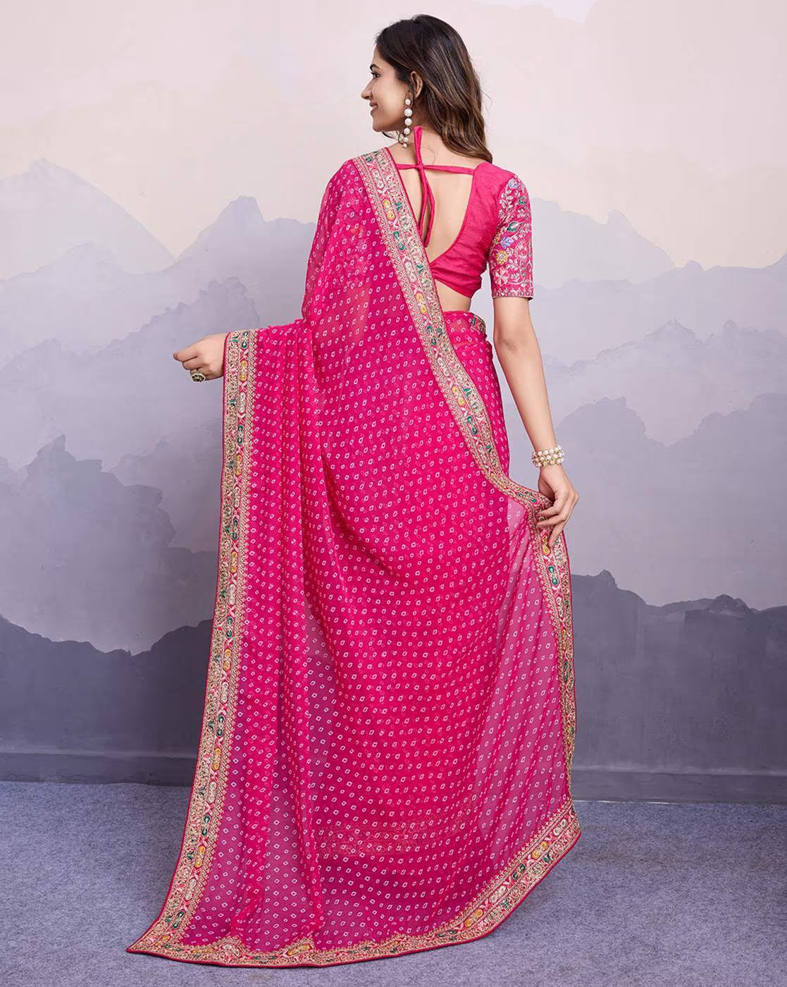 Aromie tissue saree for parties in vibrant pink with intricate detailing and a stylish blouse