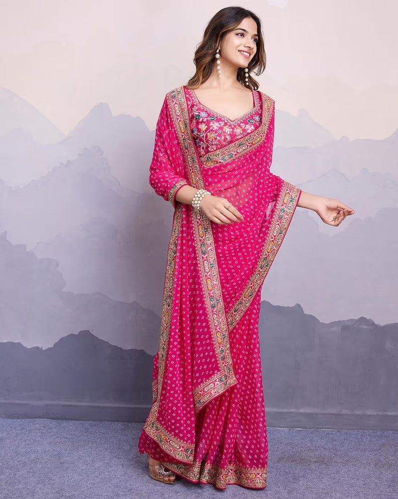 Beautiful pink tissue saree for parties with intricate embroidery and elegant draping style