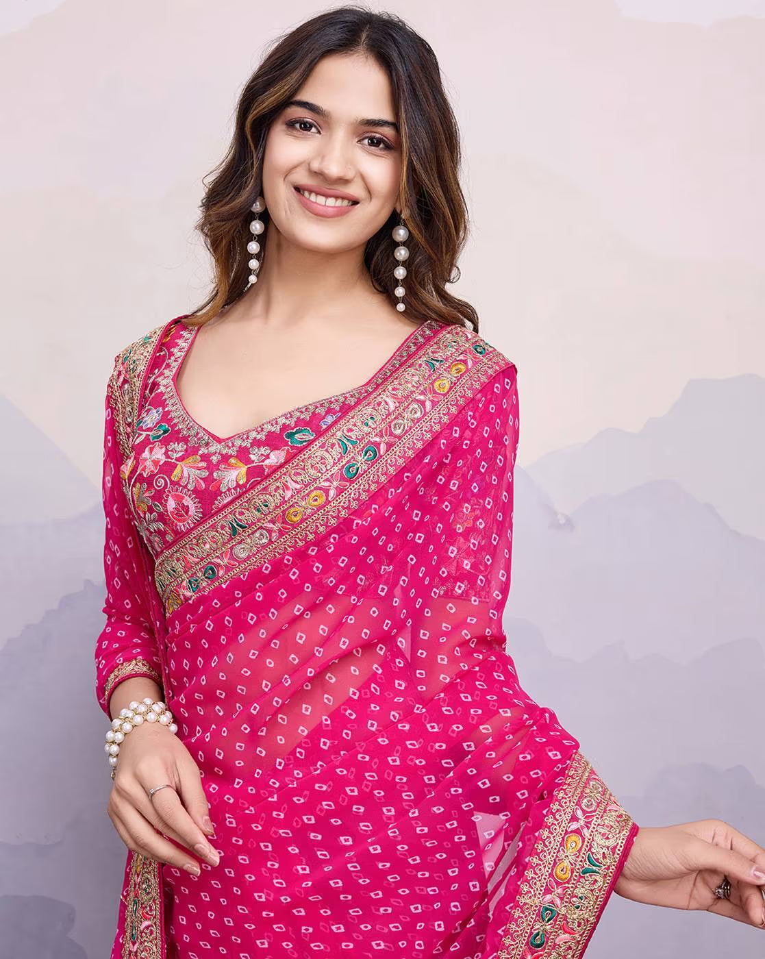 Aromie Pink Tissue Saree for Parties with intricate floral border and matching blouse design