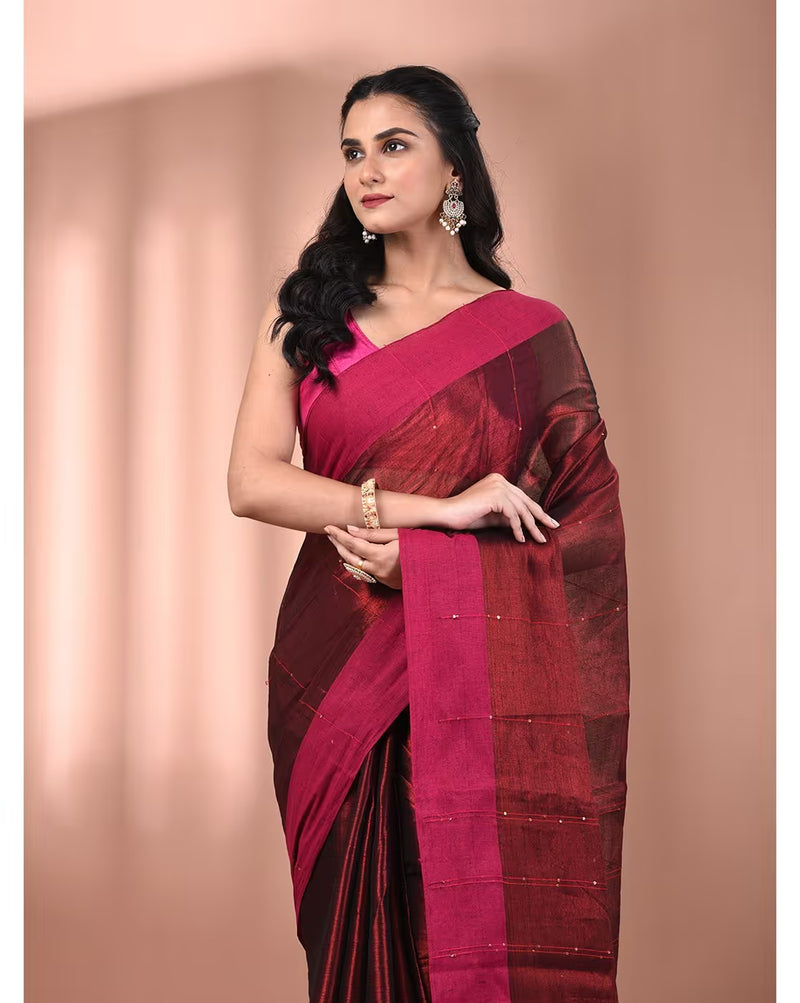 Elegant maroon tissue saree with intricate detailing, perfect for weddings or special occasions, available online in Canada