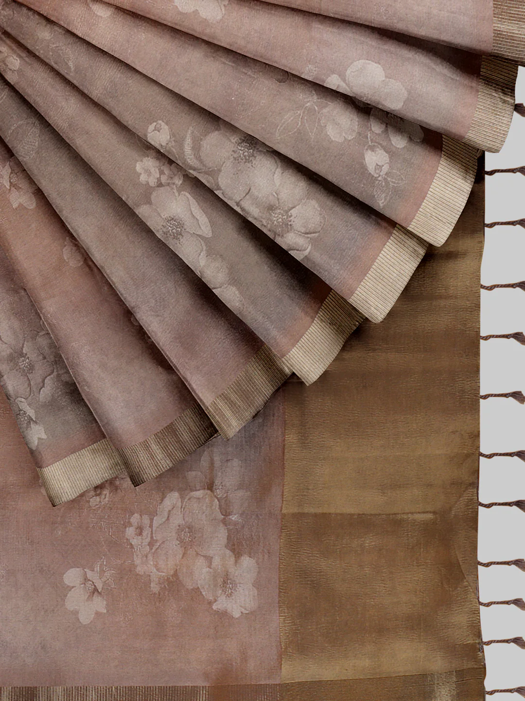 Front view of a brown tissue saree with floral patterns, ideal for weddings and special occasions in the USA