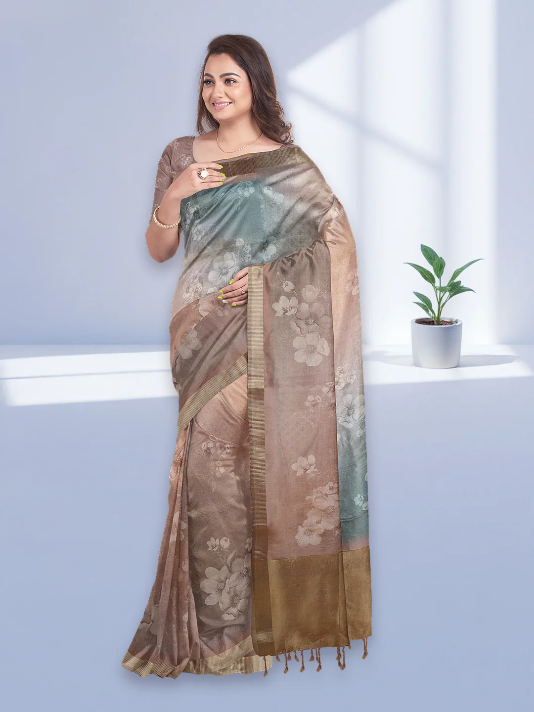 Elegant Brown and Gray Tissue Saree from Aromie USA featuring floral patterns, ideal for special occasions