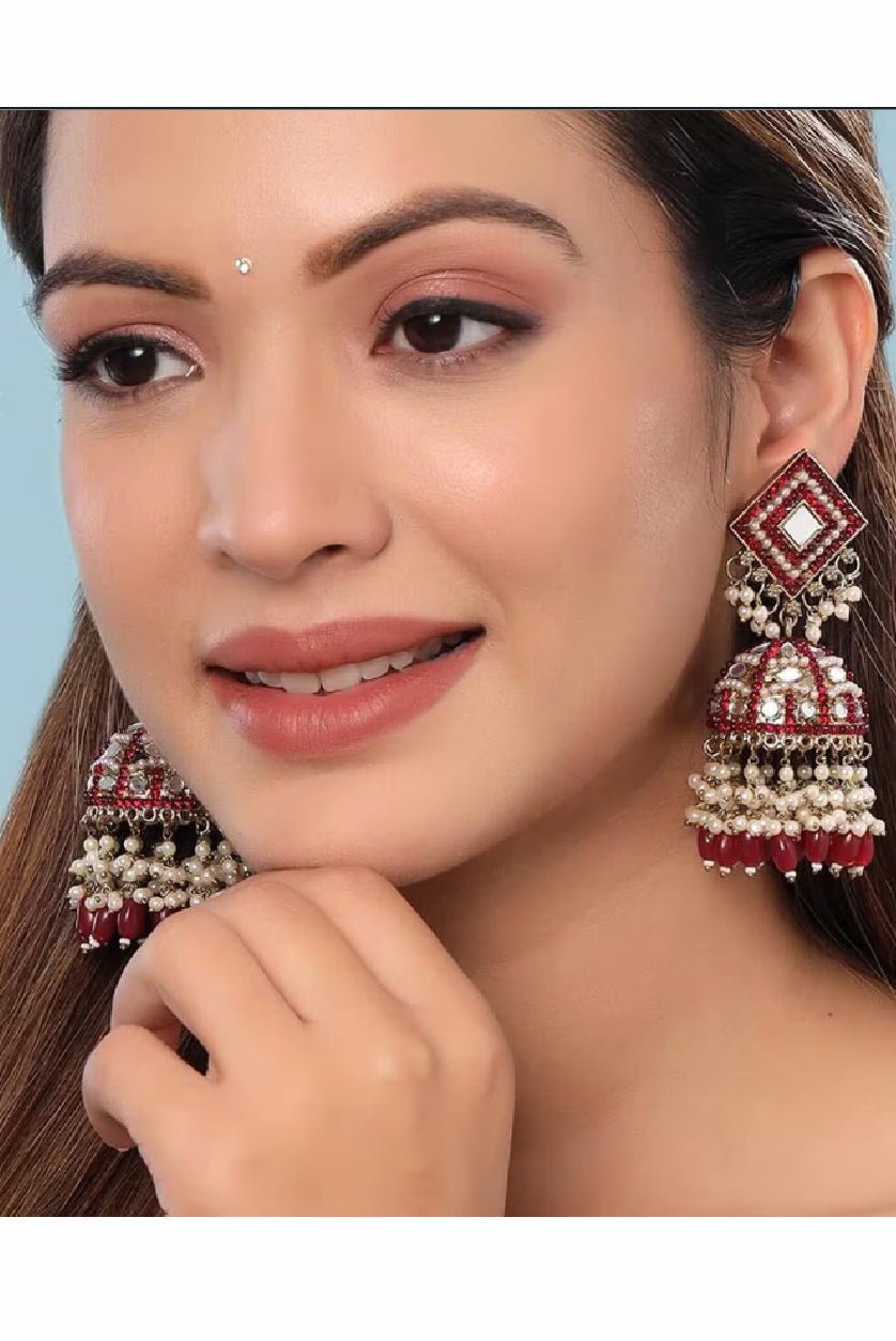 Traditional Beaded Jhumka Earrings – Brass Stone Studded Drop Design - aromie