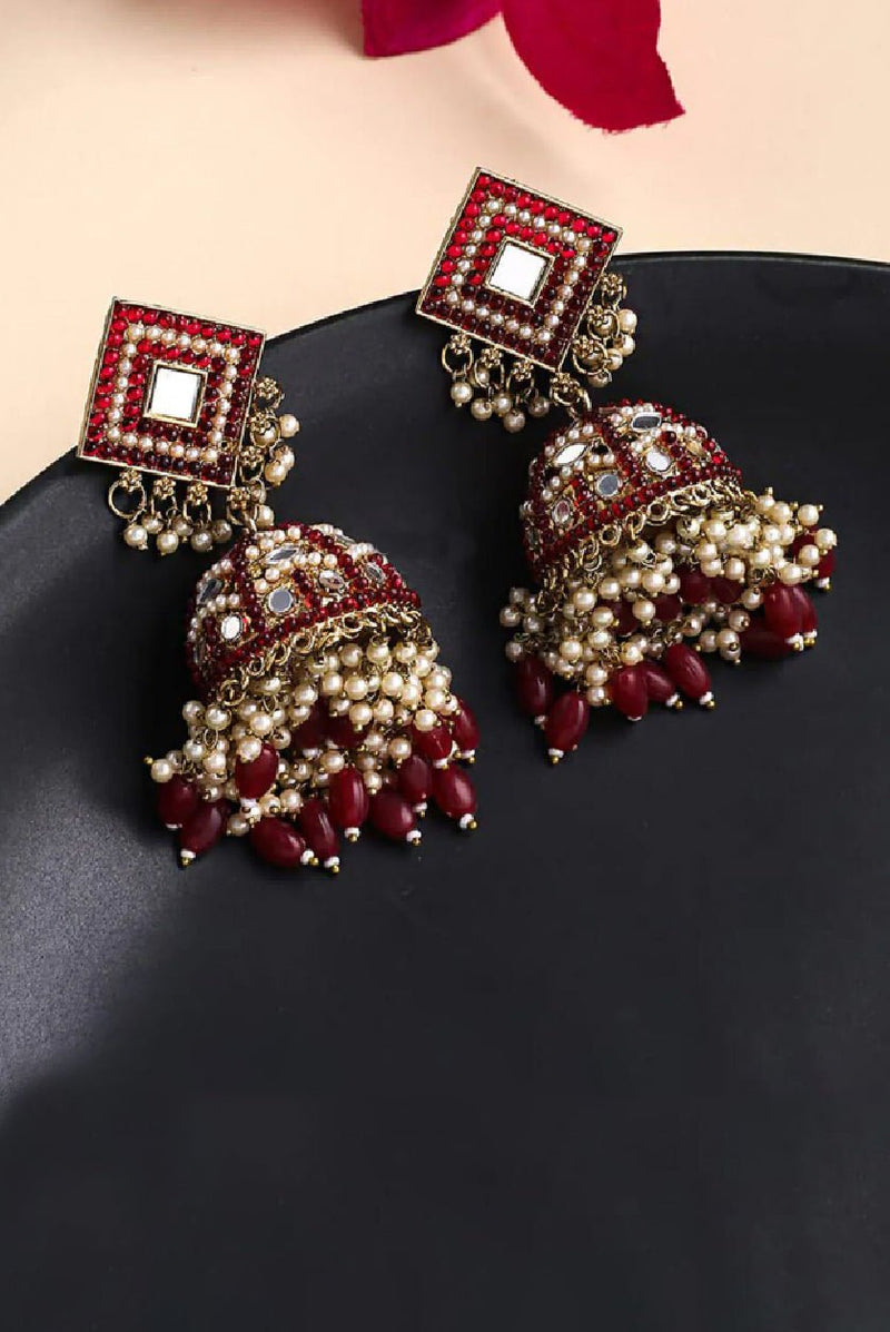 Traditional Beaded Jhumka Earrings – Brass Stone Studded Drop Design - aromie