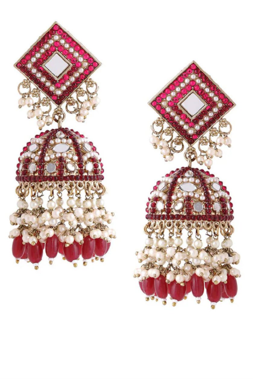Traditional Beaded Jhumka Earrings – Brass Stone Studded Drop Design - aromie