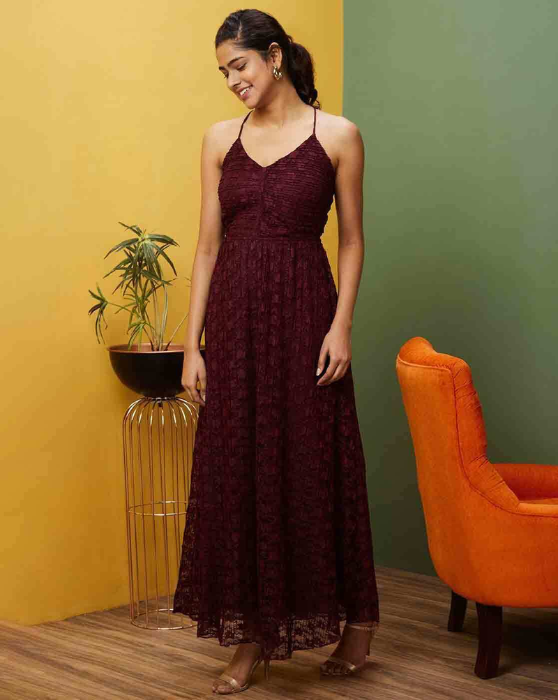 Aromie Affordable Flare Maxi Dress in Burgundy