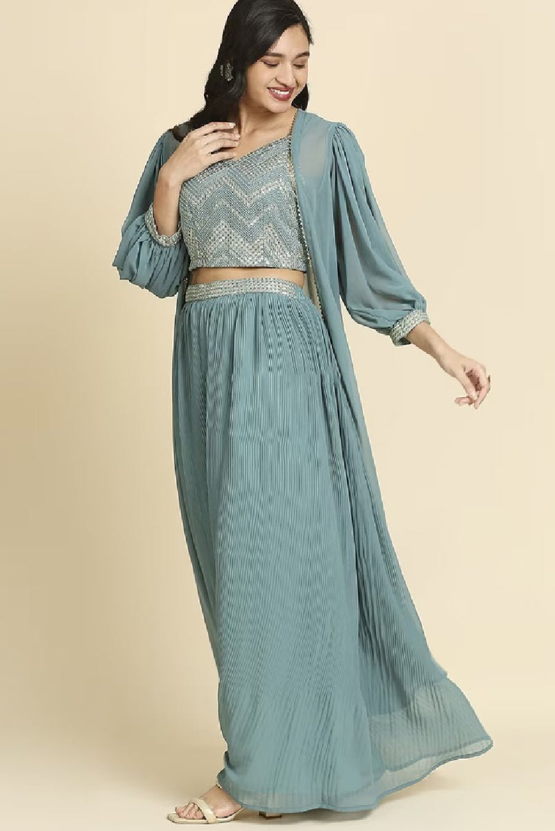 Turkish Green Lehenga Set - Elegant 3-Piece Kurtha