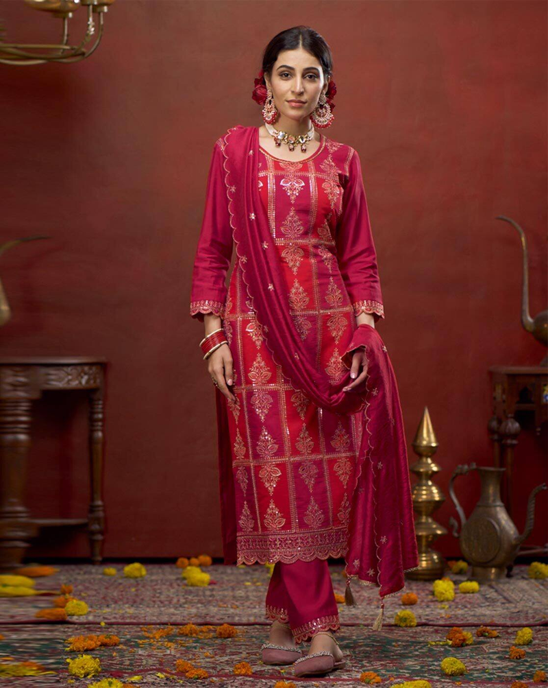 Aromie elegant bandhani kurta set in deep pink with gold motifs, three piece kurtha with matching dupatta and pants