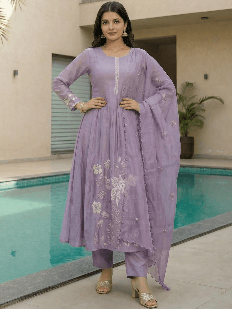 Lavender embroidery a-line kurta set featuring intricate floral designs and elegant flowing silhouette