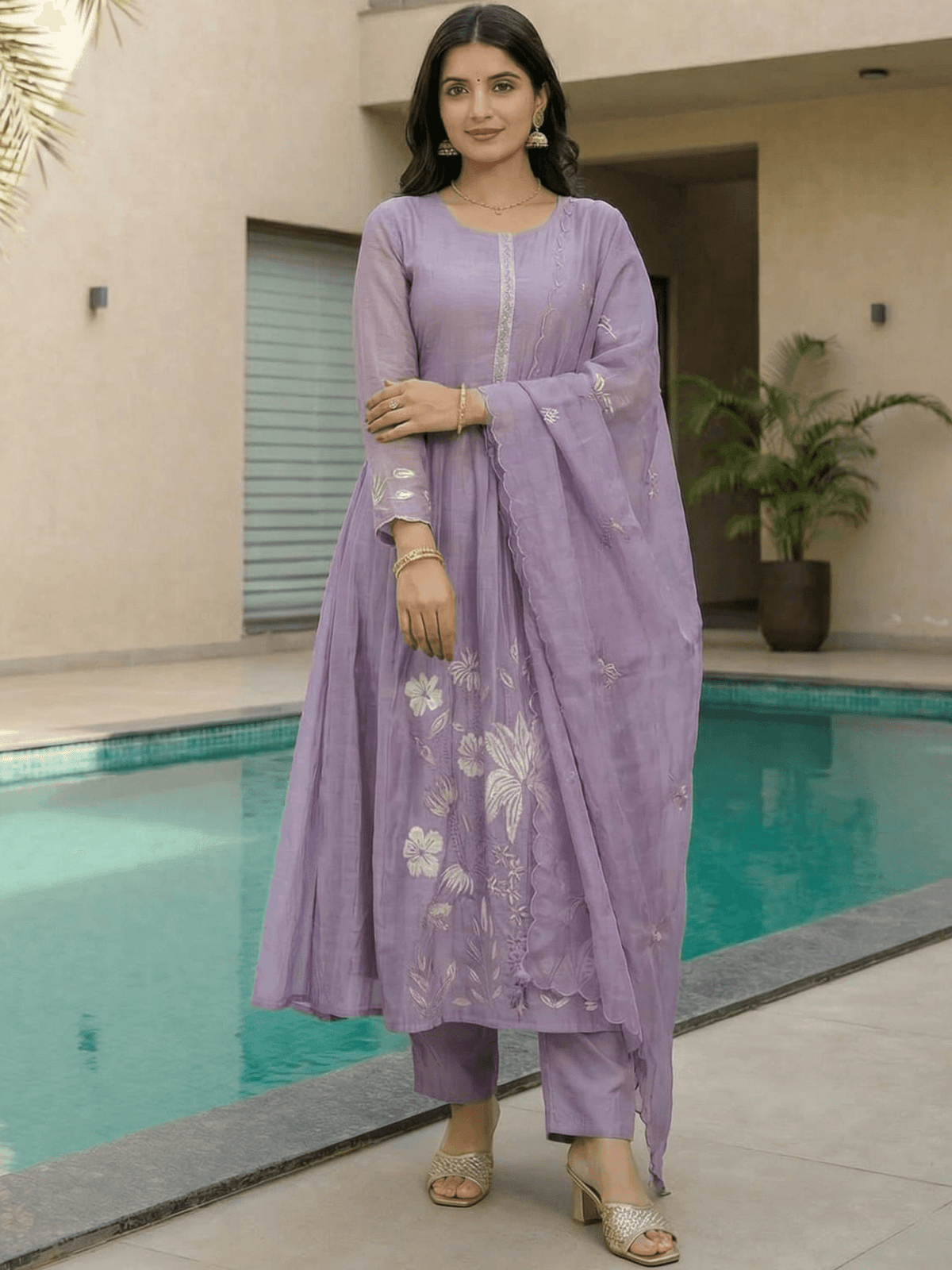 Aromie Embroidery A-Line Kurta Set in lavender with floral designs for elegant occasions