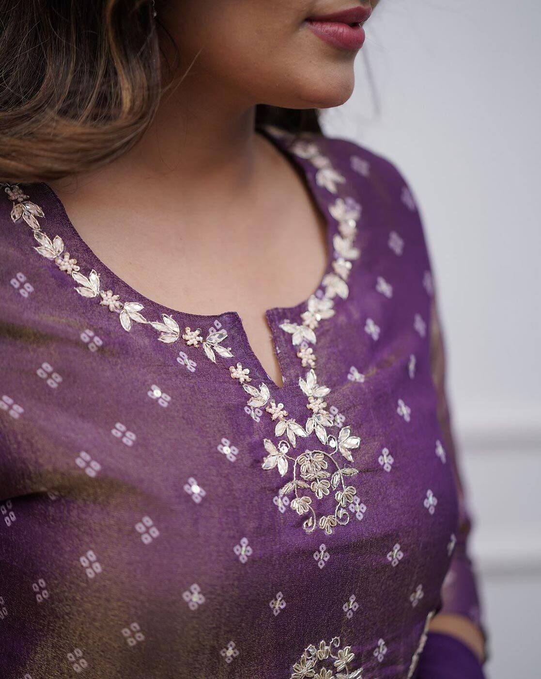 Aromie Festival Anarkali Kurta Set purple three piece kurtha with intricate gold embroidery on neckline