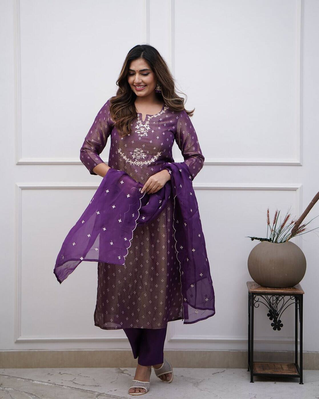 Aromie Festival Anarkali Kurta Set in purple with intricate embroidery and matching dupatta three piece kurtha