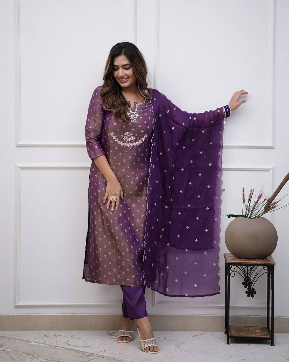 Aromie purple Festival Anarkali Kurta Set three piece kurtha with embroidery and matching dupatta