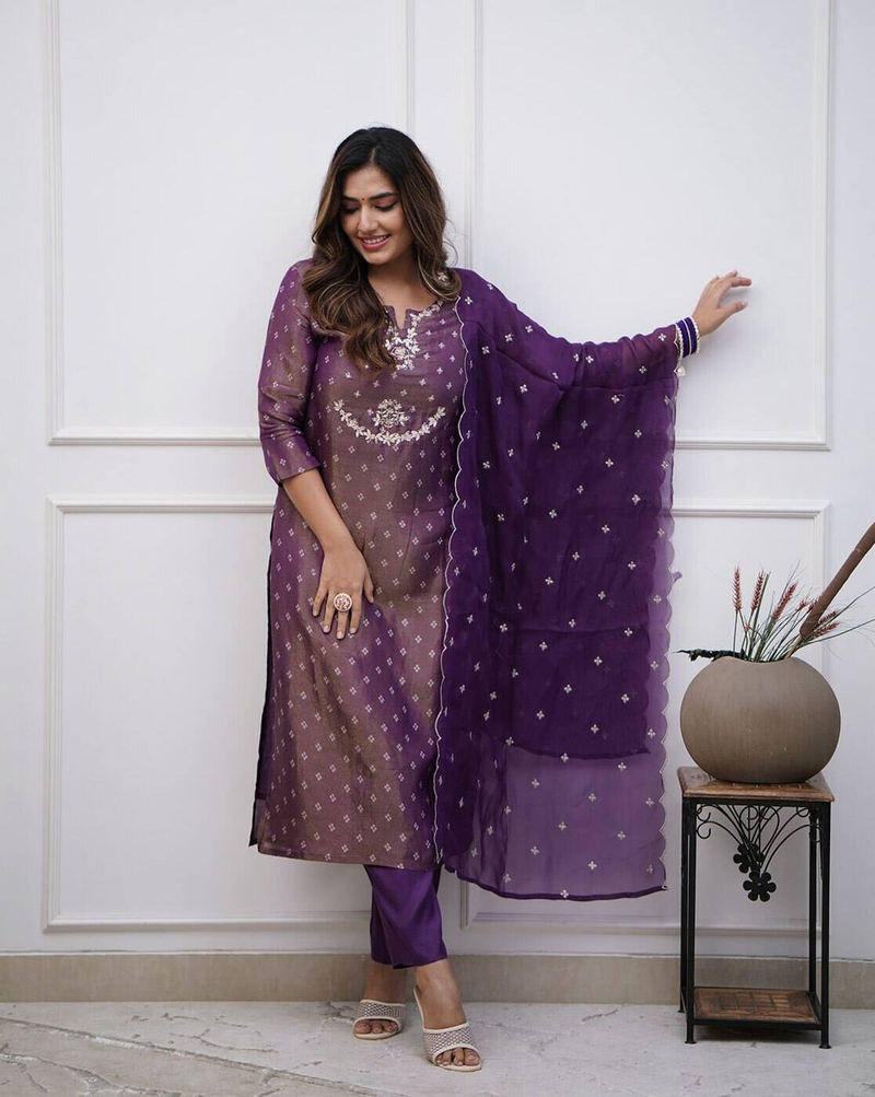Aromie purple Festival Anarkali Kurta Set three piece kurtha with embroidery and matching dupatta