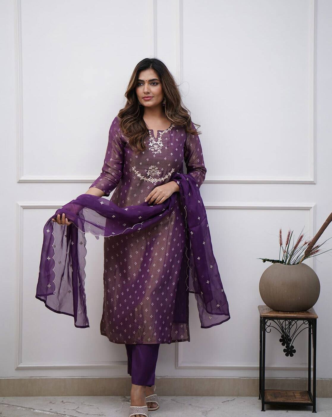 Aromie purple Festival Anarkali Kurta Set three piece kurtha with intricate embroidery and matching dupatta
