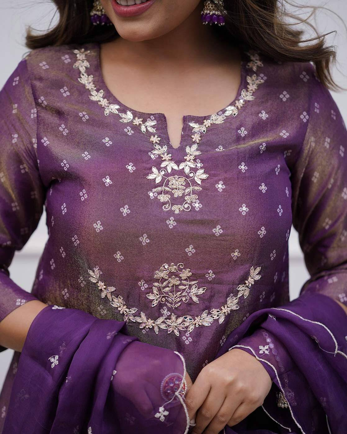 Aromie Festival Anarkali Kurta Set featuring purple three piece kurtha with intricate gold embroidery