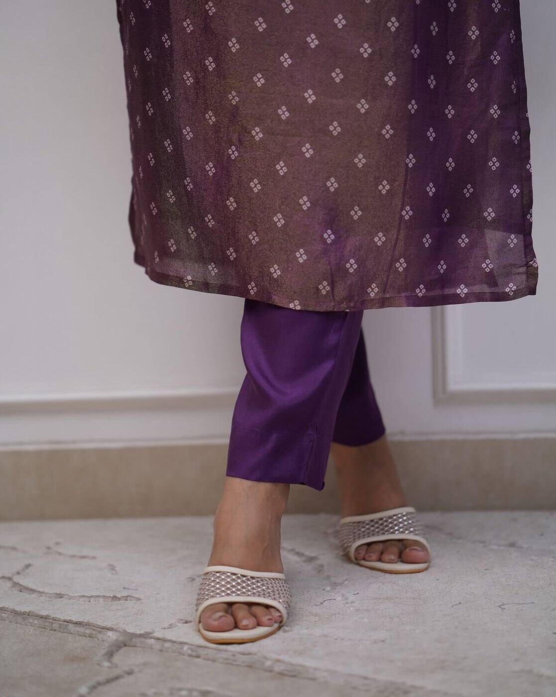 Aromie Festival Anarkali Kurta Set purple three piece kurtha with patterned sheer fabric and matching pants