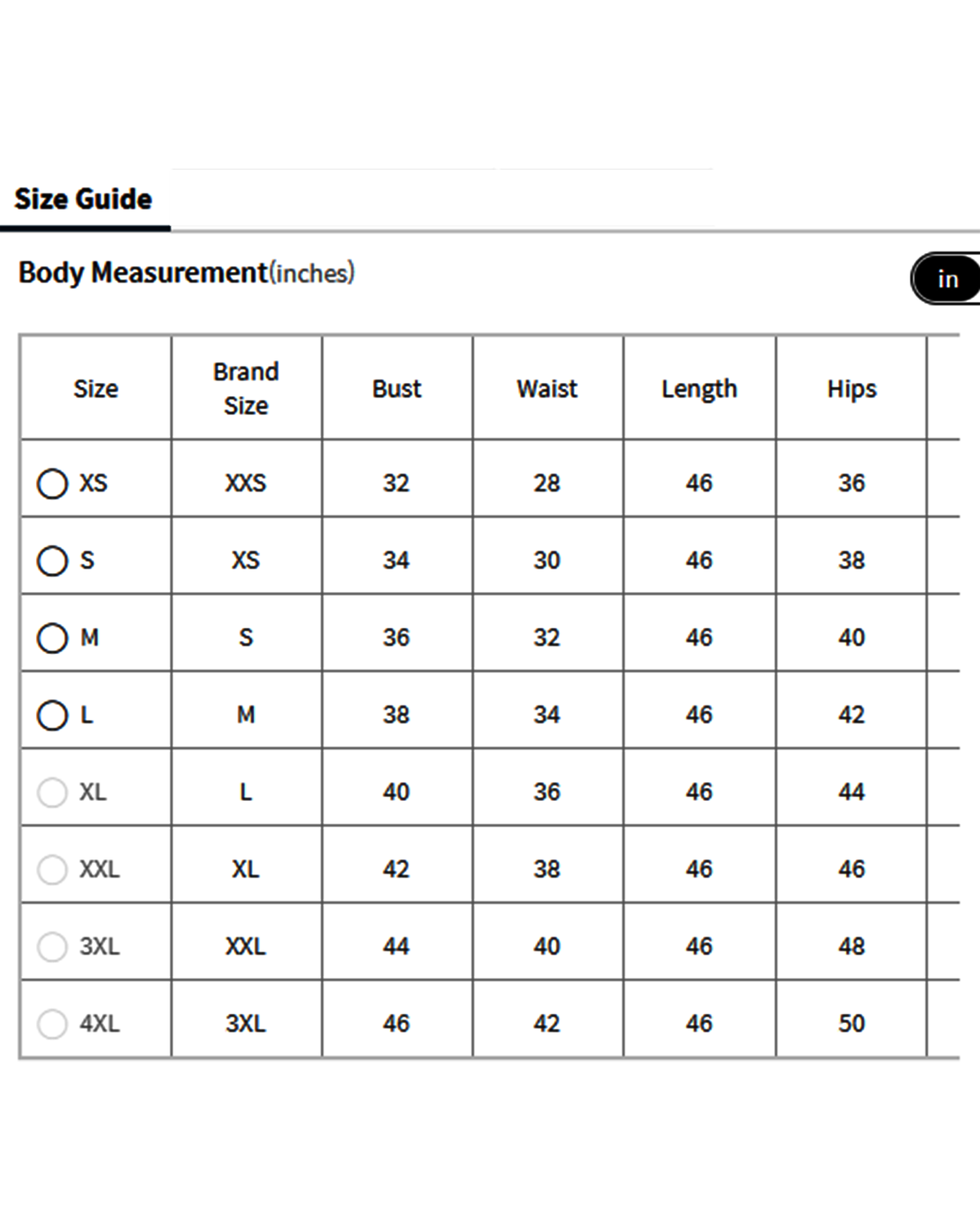 Size guide chart for aromie Festival Anarkali Kurta Set showing bust waist length and hips measurements in inches