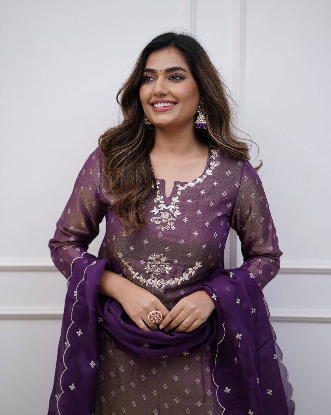 Aromie Festival Anarkali Kurta Set three piece kurtha in purple with intricate embroidery and matching dupatta