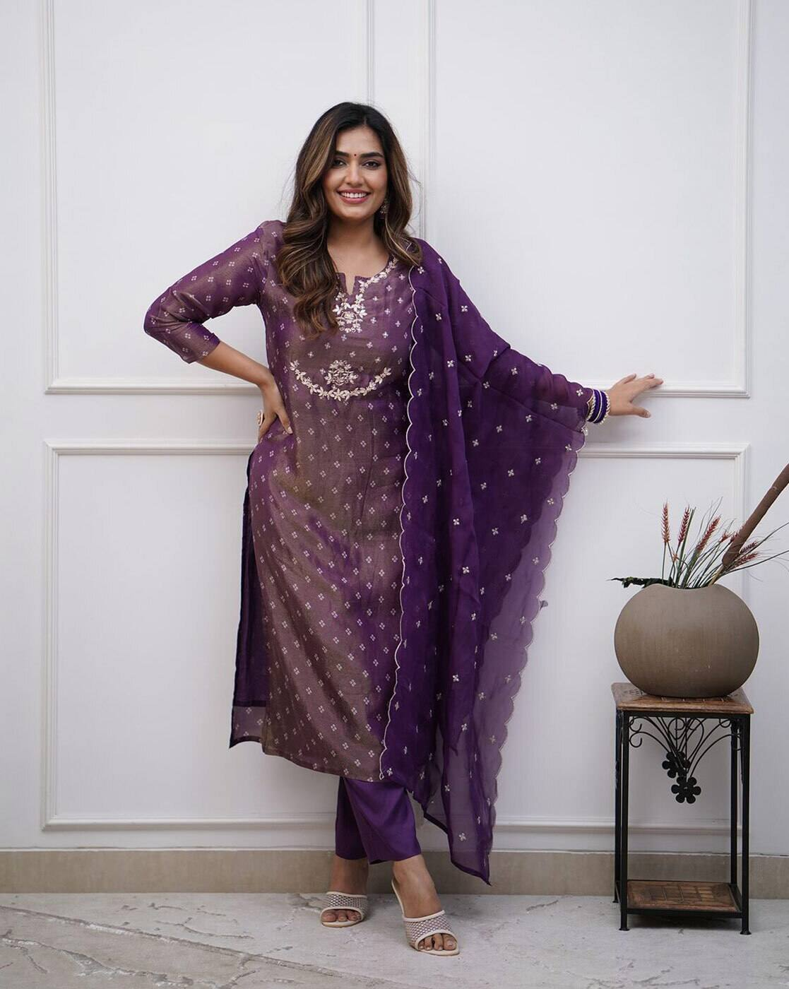 Aromie Festival Anarkali Kurta Set purple three piece kurtha with embroidery and matching dupatta
