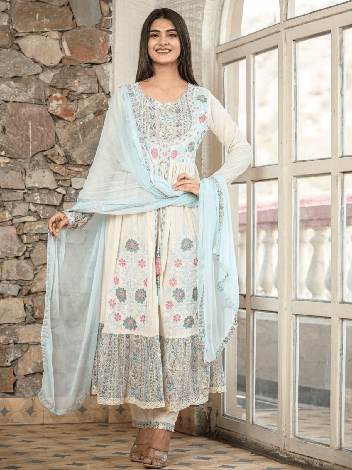 Aromie floral Anarkali kurta pants set in soft pastel colors with elegant floral patterns