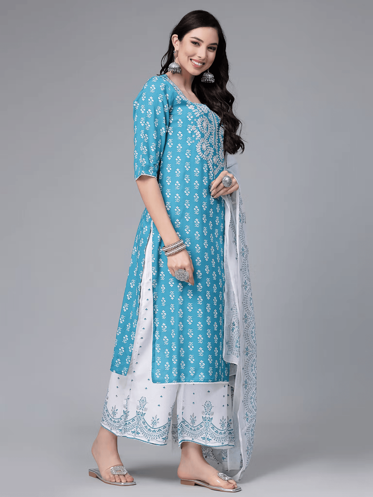 Floral Rayon Kurta Set in turquoise with elegant embroidery and matching palazzo pants