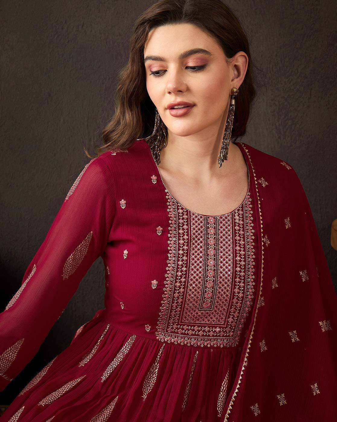 Aromie three piece floral viscose kurta in maroon with intricate embroidery and sheer sleeves
