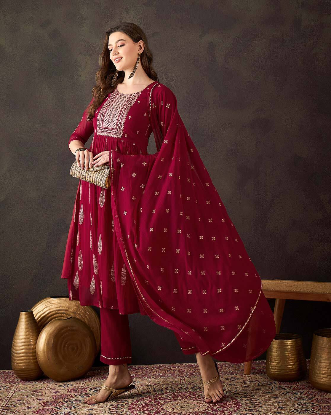 Aromie three piece floral viscose kurta set in deep red with detailed embroidery and matching dupatta
