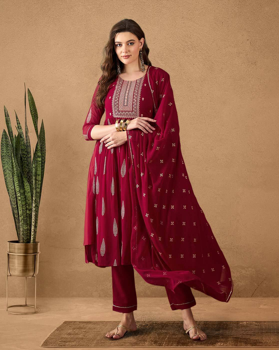 Aromie three piece floral viscose kurta set in maroon with detailed embroidery and matching dupatta
