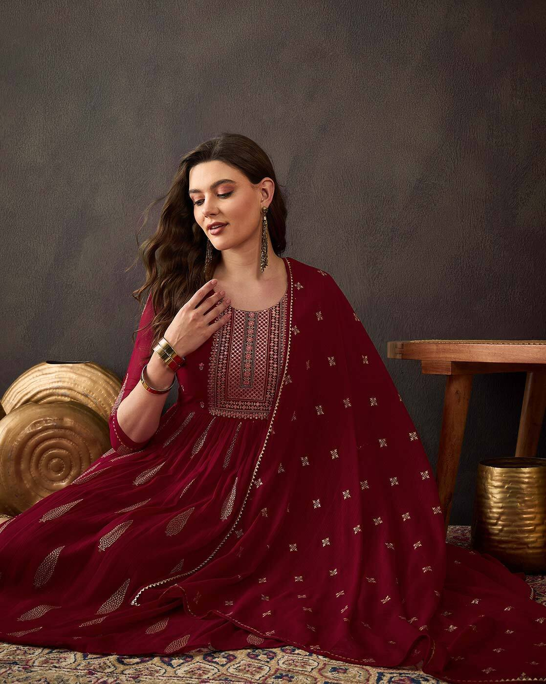 Aromie three piece floral viscose kurta in deep red with intricate embroidery and matching dupatta
