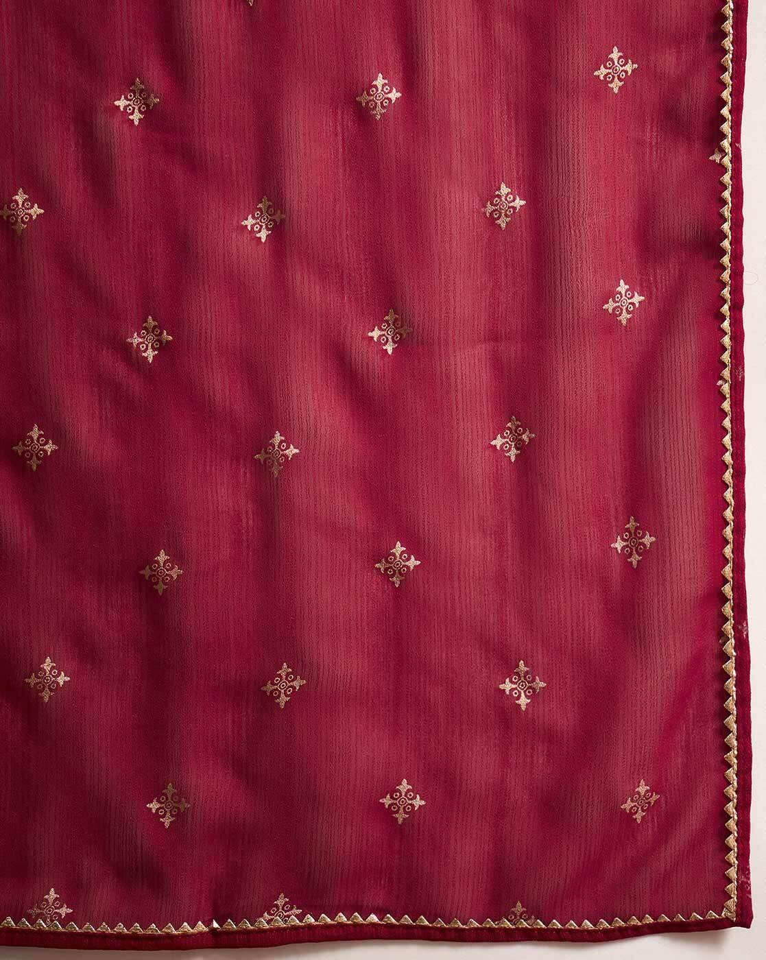 Aromie three piece floral viscose kurta fabric in deep red with gold embroidered motifs and decorative border