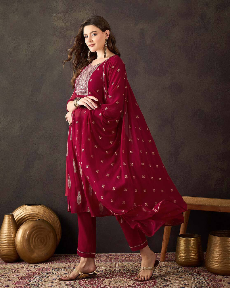 Aromie three piece floral viscose kurta set in deep red with intricate embroidery and matching pants