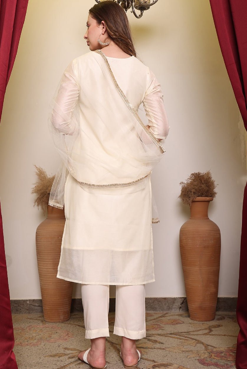 Elegant Floral Woven Kurta Set in cream with a soft sheer dupatta for a stylish look