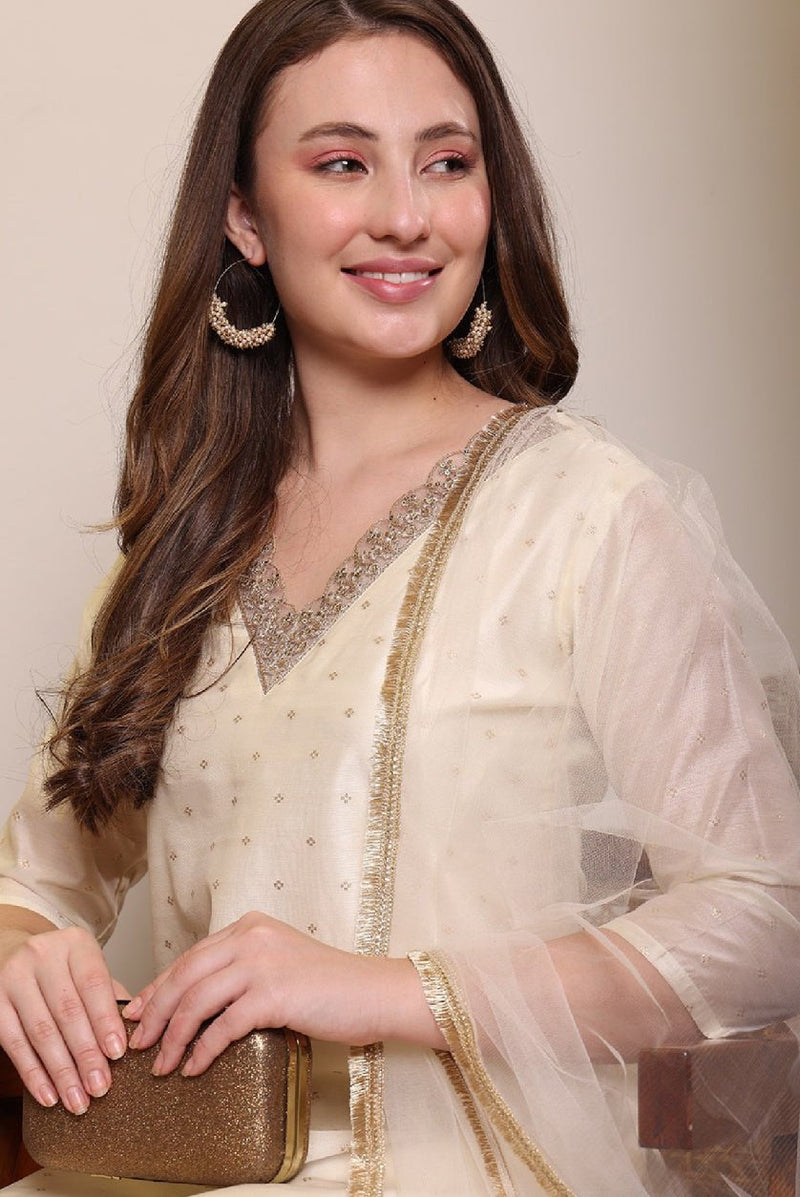 Elegant Floral Woven Kurta Set in cream with delicate embroidery and sheer dupatta for festive occasions
