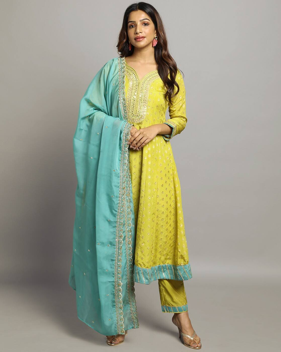 aromie three piece Kurtha in yellow with blue dupatta Georgette Anarkali Gown Canada style elegant ethnic wear