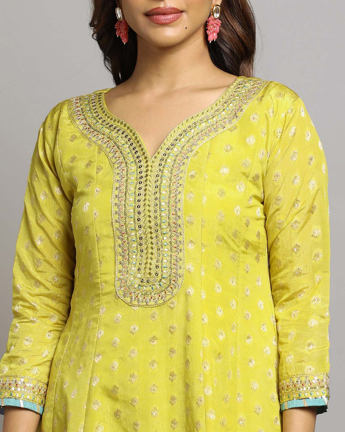Aromie three piece Kurtha with detailed embroidery in yellow for Georgette Anarkali Gown Canada