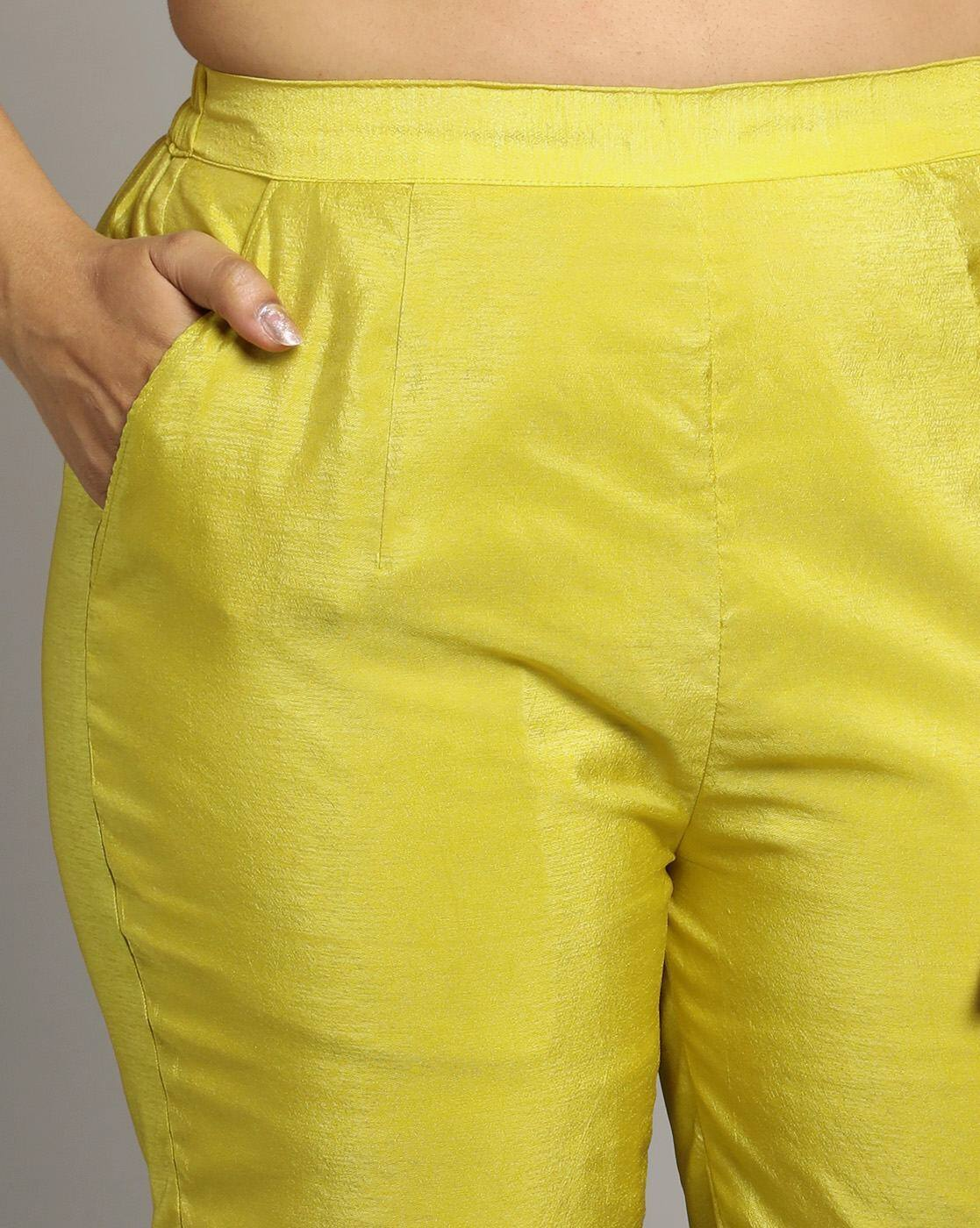 Aromie three piece Kurtha with close-up of yellow pants pocket detail Georgette Anarkali Gown Canada