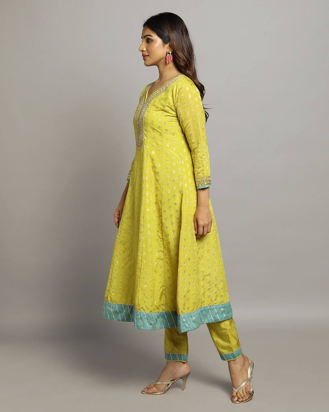 Aromie three piece Kurtha in yellow with blue border detailing Georgette Anarkali Gown Canada