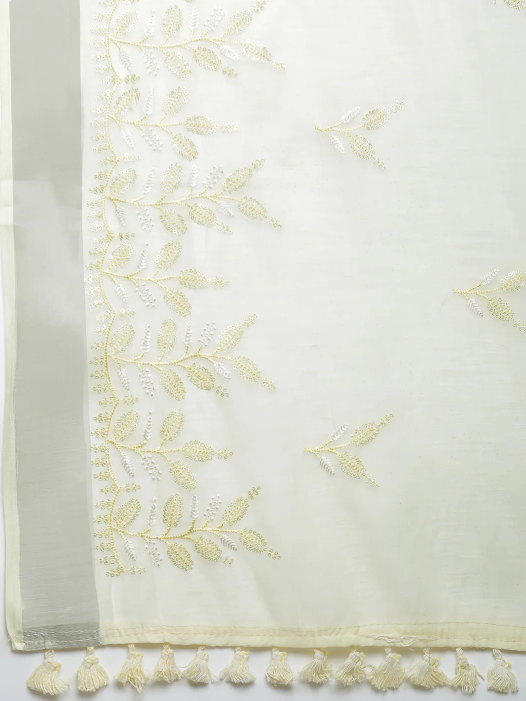 Lemon yellow semi linen embroidered saree online Canada with detailed floral embroidery and tassel finish