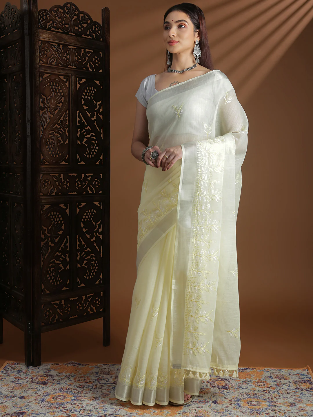 Lemon yellow semi linen embroidered saree online Canada, perfect for festive occasions and weddings