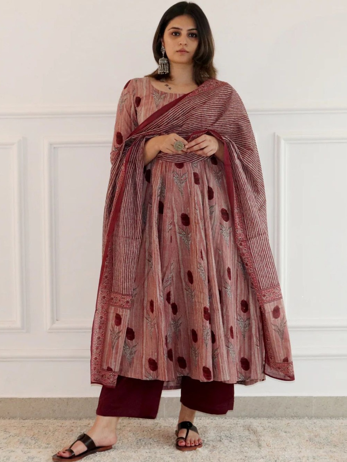 Elegant pink floral anarkali kurta palazzo set with stylish sheer dupatta and traditional prints