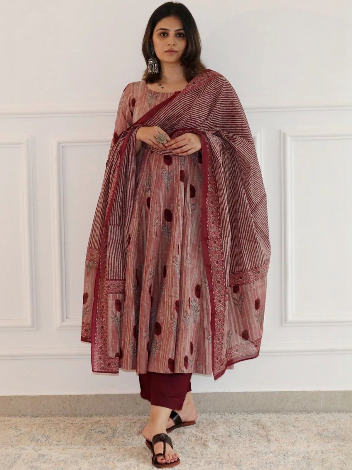 Elegant pink floral anarkali kurta palazzo set with matching dupatta for festive occasions