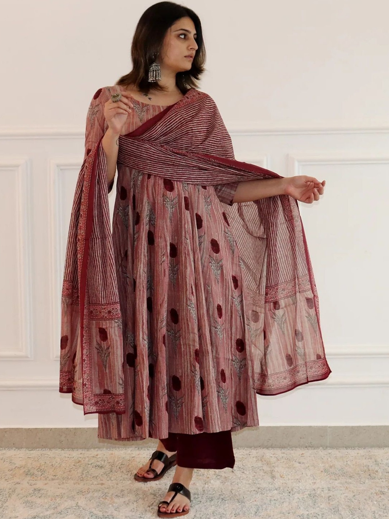 Pink floral anarkali kurta palazzo set with elegant design and stylish dupatta for festive occasions