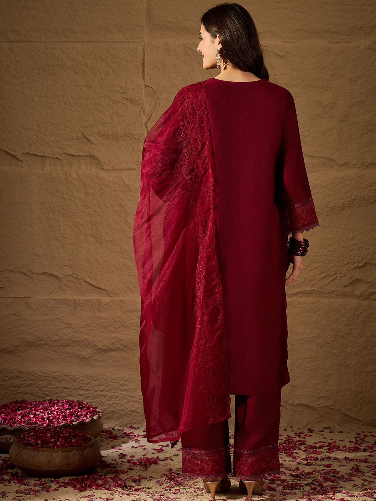 Elegant three piece rayon kurta set with kalamkari dupatta in maroon for festive occasions
