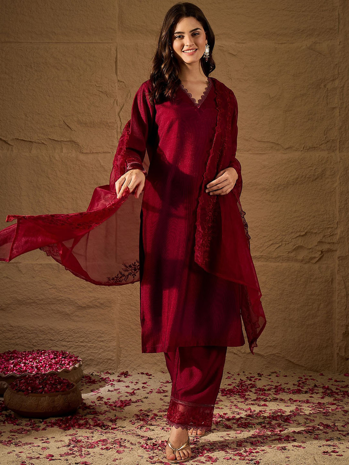 Stylish three piece rayon kurta set with kalamkari dupatta in rich burgundy color for elegant occasions