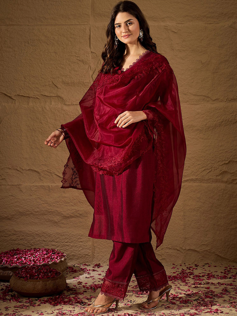 Elegant red rayon kurta set with kalamkari dupatta showcasing intricate detailing and graceful style.